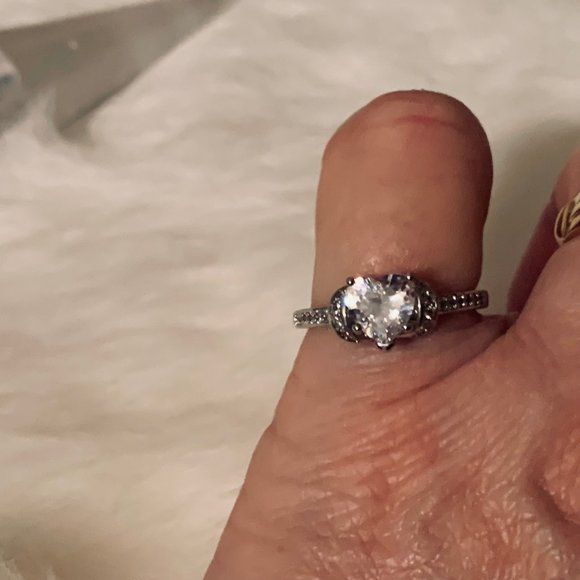 Two Heart Shaped Clear and Blue Stones Silver Tone Bands - Picture 7 of 15